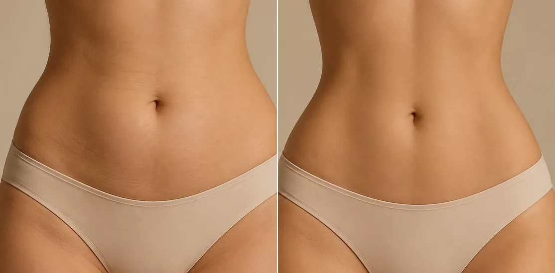 Waist and abdomen before and after a course of six lymphatic drainage massage sessions