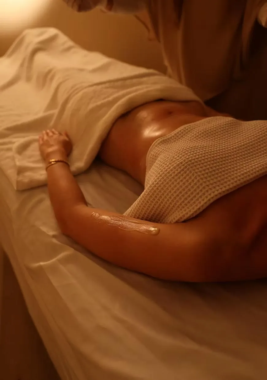 Client relaxing under a waffle towel during a full body lymphatic drainage session