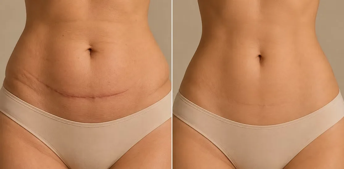 Abdomen before and after a post-op lymphatic massage recovery course
